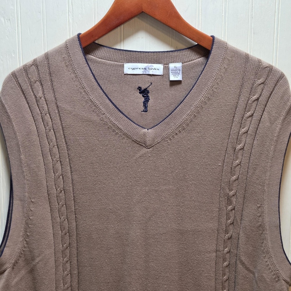 Cypress Links Sweater Vest Mens XL Beige 100% Cotton V Neck Golf Knit Pullover